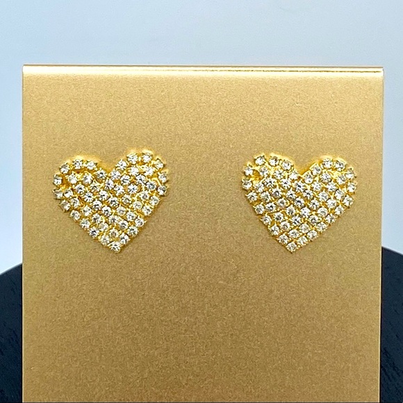 Vintage Pave Heart Button Earrings Gold Tone Post Back Pierced - Picture 3 of 6